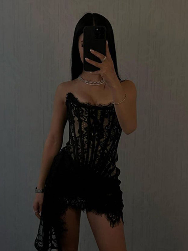 Structured Lace Corset Mini Dress with Boned Bodice