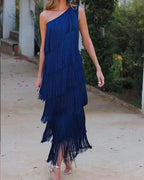 Stylish Open-Shoulder Fringe Dress
