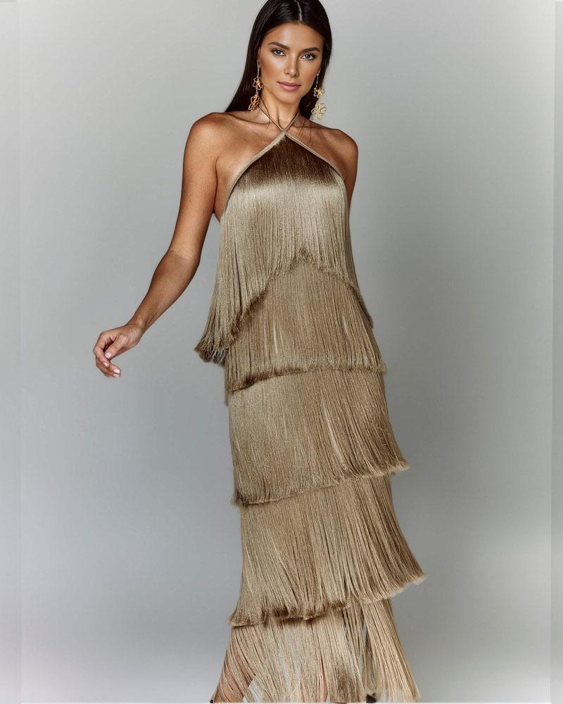 Fringed Evening Dress in a Fine-Drape Woven Fabric