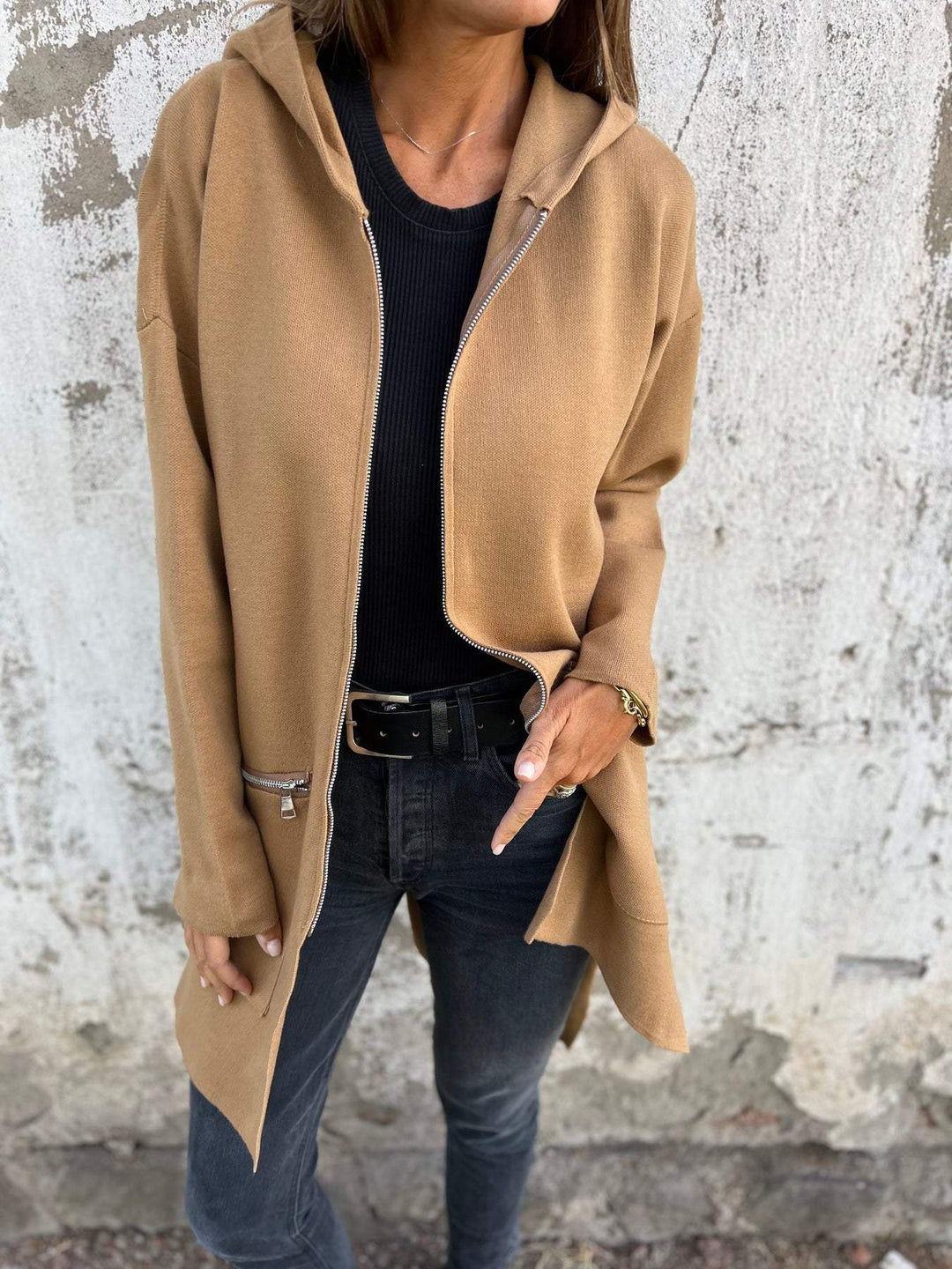 Knitted Winter Cardigan with Ribbed Cuffs for Women