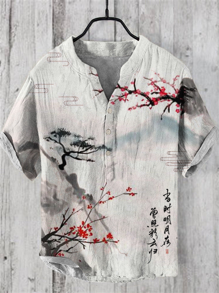 Kaze Japanese Print Stand Collar Shirt for Men - Japanese Landscape