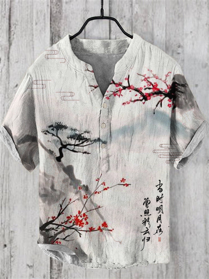Kaze Japanese Print Stand Collar Shirt for Men - Japanese Landscape