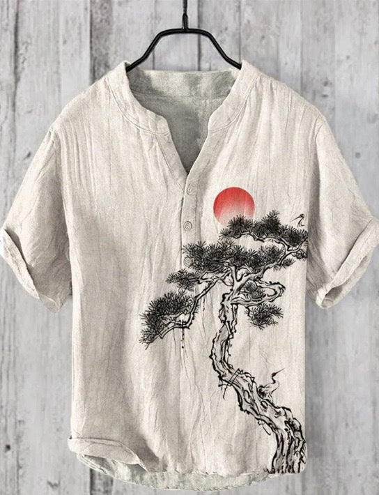 Kaze Japanese Print Stand Collar Shirt for Men - Sun on the Pine