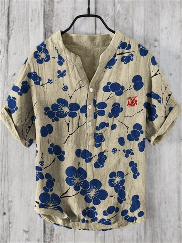 Kaze Japanese Print Stand Collar Shirt for Men - Blue Cherry Blossom