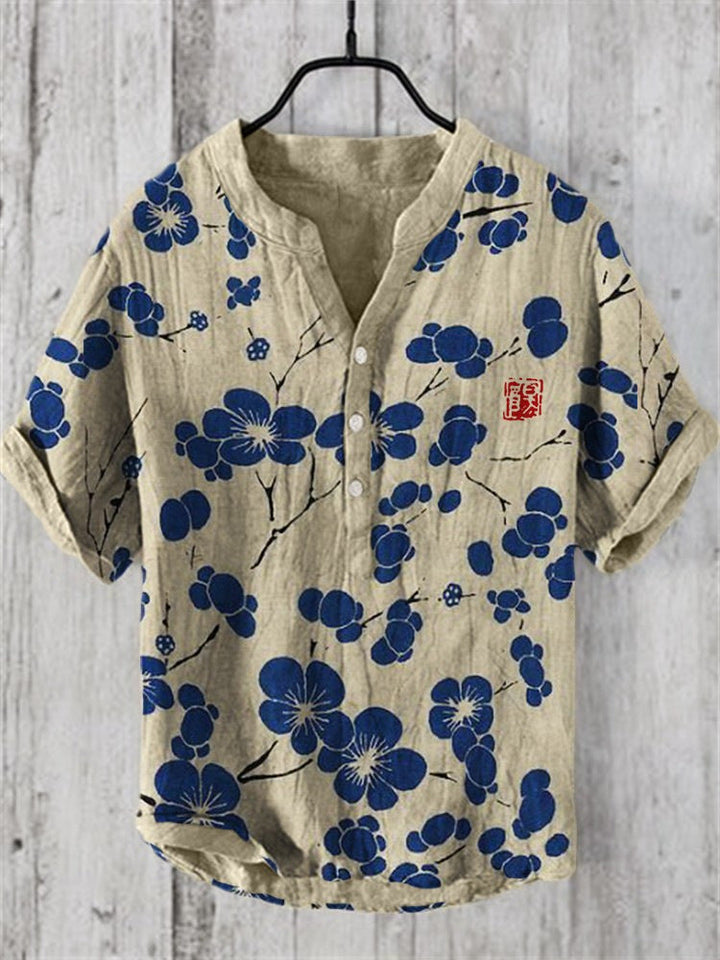 Kaze Japanese Print Stand Collar Shirt for Men - Blue Cherry Blossom