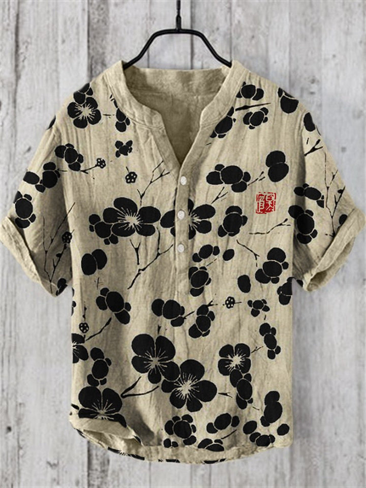 Kaze Japanese Print Stand Collar Shirt for Men - Black Cherry Tree