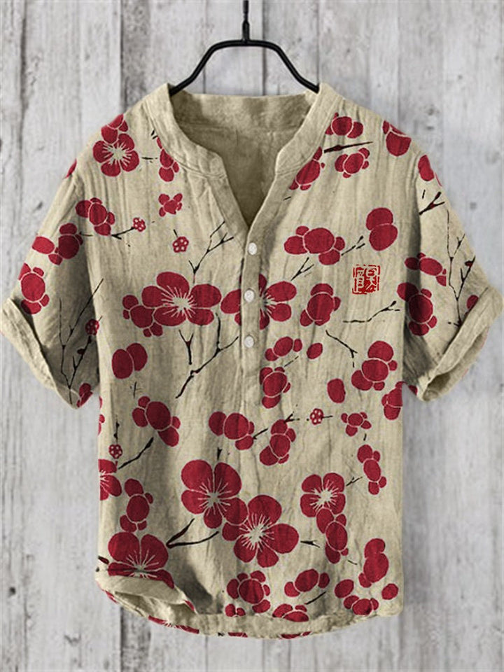 Kaze Japanese Print Stand Collar Shirt for Men - Cherry Blossom Red