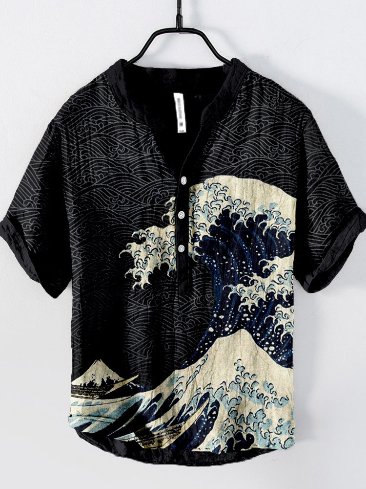 Kaze Japanese Print Stand Collar Shirt for Men - Kanagawa Wave 2