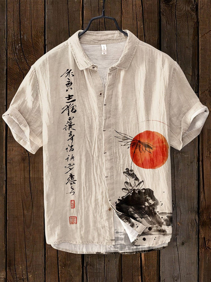 Kaze Japanese Print Stand Collar Shirt for Men - Frog & Sunrise