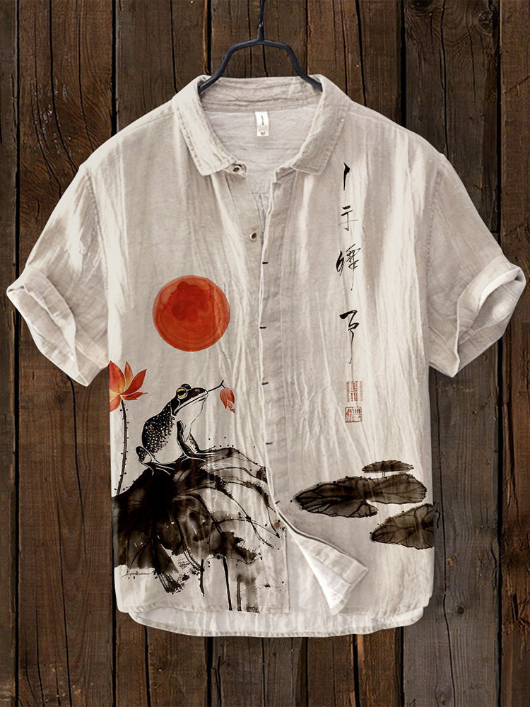 Kaze Japanese Print Stand Collar Shirt for Men - Frog & Sunrise Red