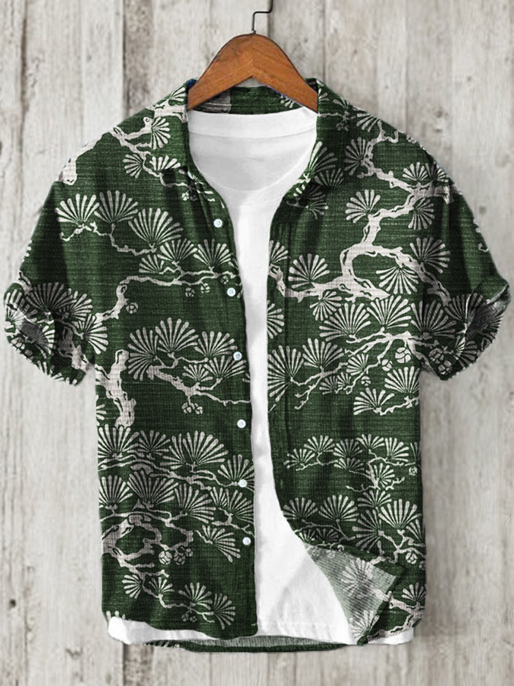 Kaze Japanese Print Stand Collar Shirt for Men - Japanese Pine