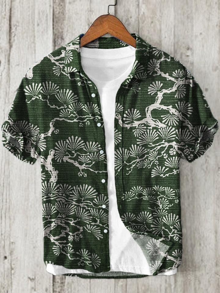 Kaze Japanese Print Stand Collar Shirt for Men - Japanese Pine