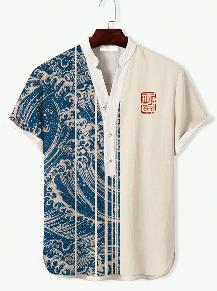 Kaze Japanese Print Stand Collar Shirt for Men - Retro Wave