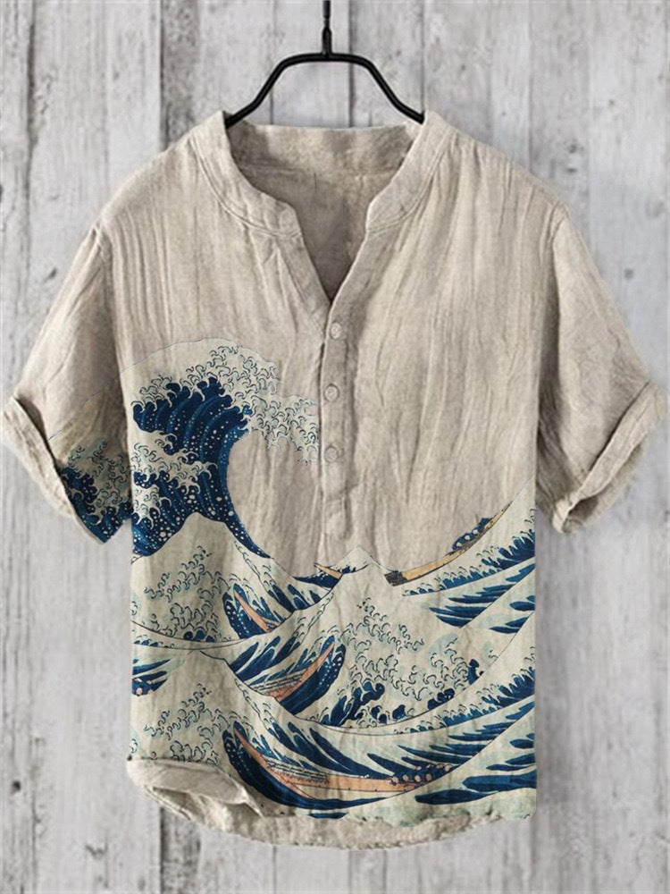 Kaze Japanese Print Stand Collar Shirt for Men - Kanagawa Wave 1