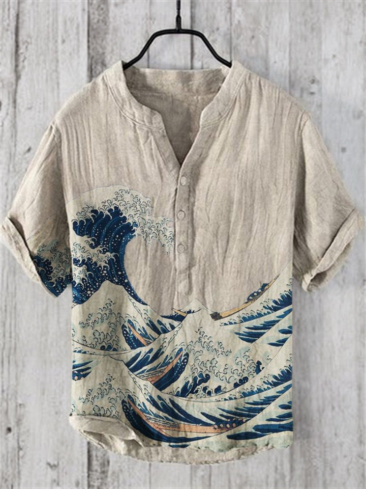 Kaze Japanese Print Stand Collar Shirt for Men - Kanagawa Wave 1