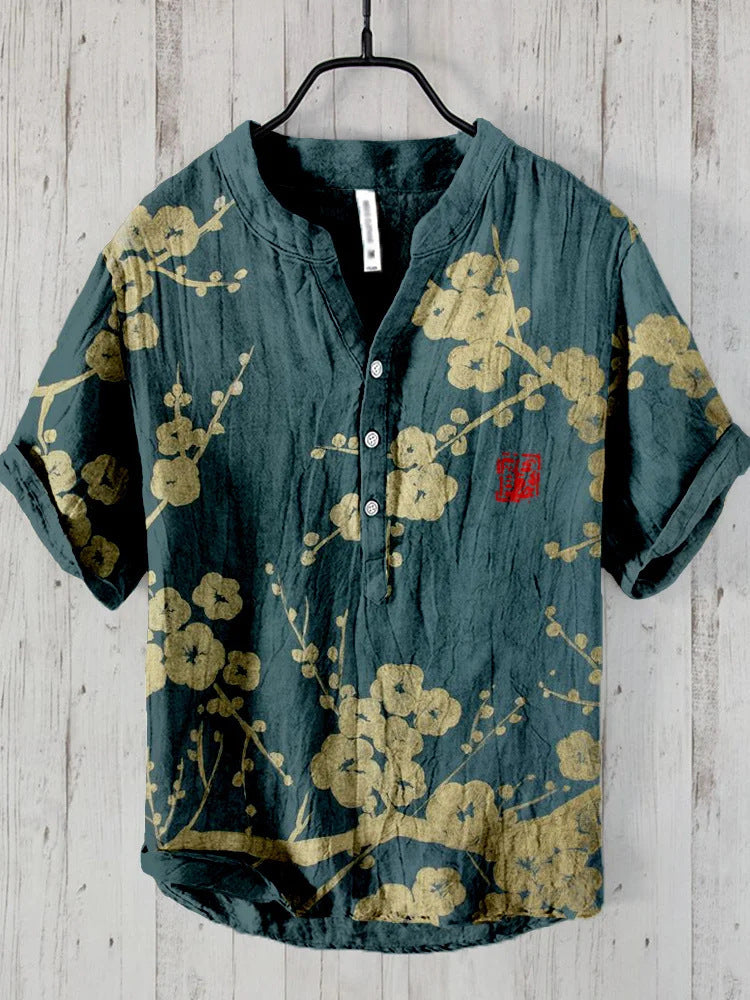 Kaze Japanese Print Stand Collar Shirt for Men - Cherry Blossom