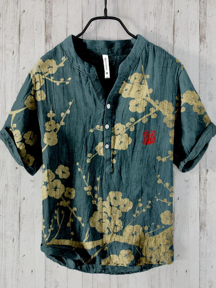 Kaze Japanese Print Stand Collar Shirt for Men - Cherry Blossom
