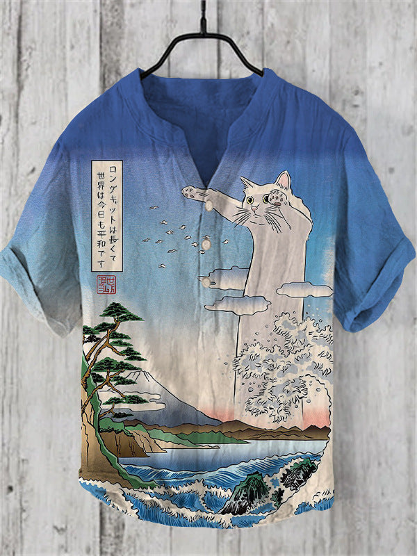 Kaze Japanese Print Stand Collar Shirt for Men - Clever Cat