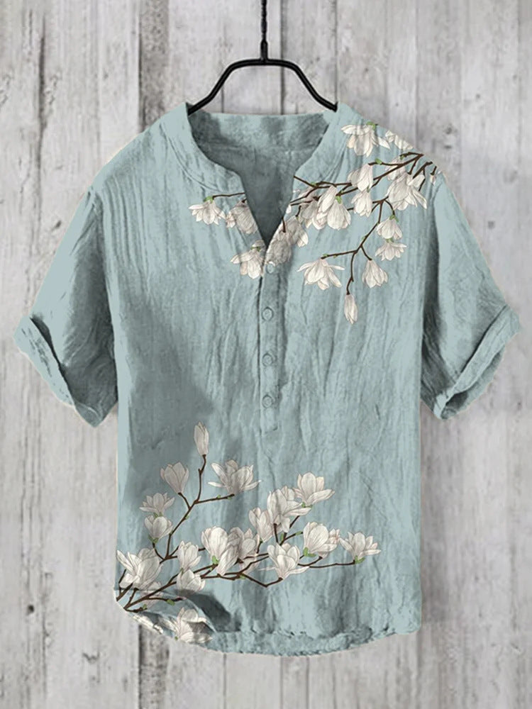 Kaze Japanese Print Stand Collar Shirt for Men - Magnolia Flower