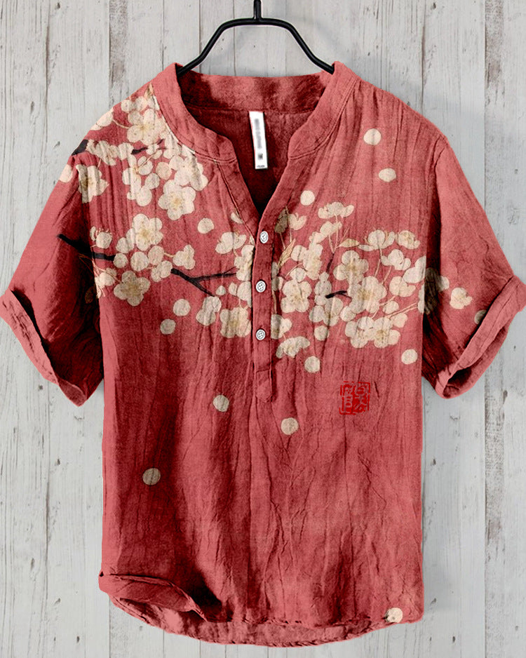 Kaze Japanese Print Stand Collar Shirt for Men - Cherry Blossom 2