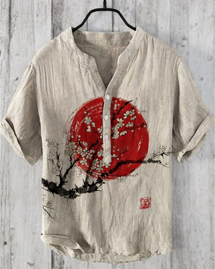 Kaze Japanese Print Stand Collar Shirt for Men