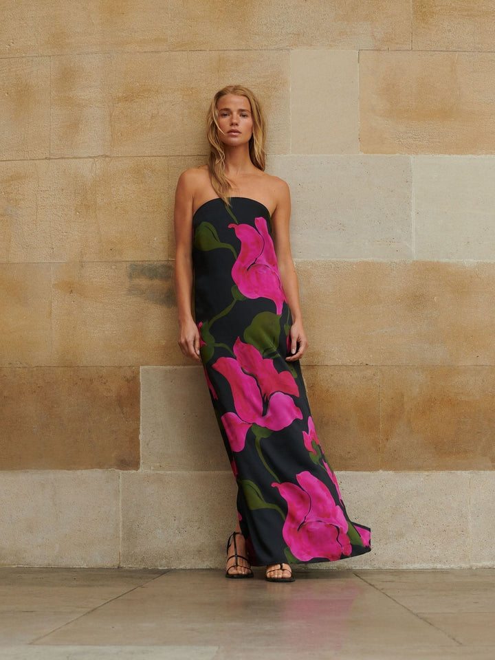 Kira Pink Floral Satin Bandeau Dress — gallery