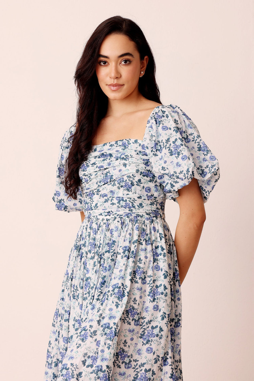 Lana Puff Sleeve Cotton Midi Dress in Blue White Floral — gallery