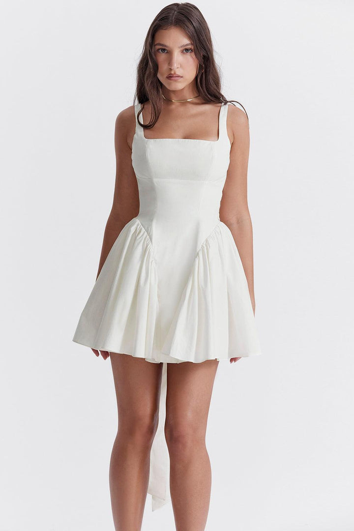 White Bow-Detail Dress with a Clean Structured Cut