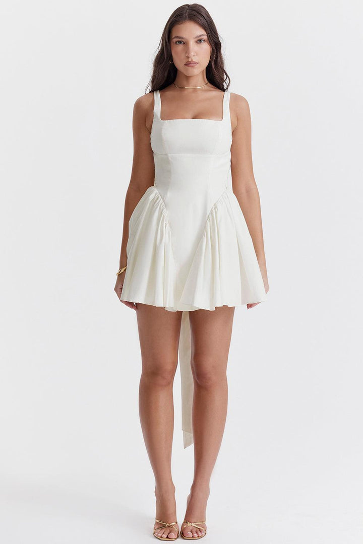 White Bow-Detail Dress with a Clean Structured Cut