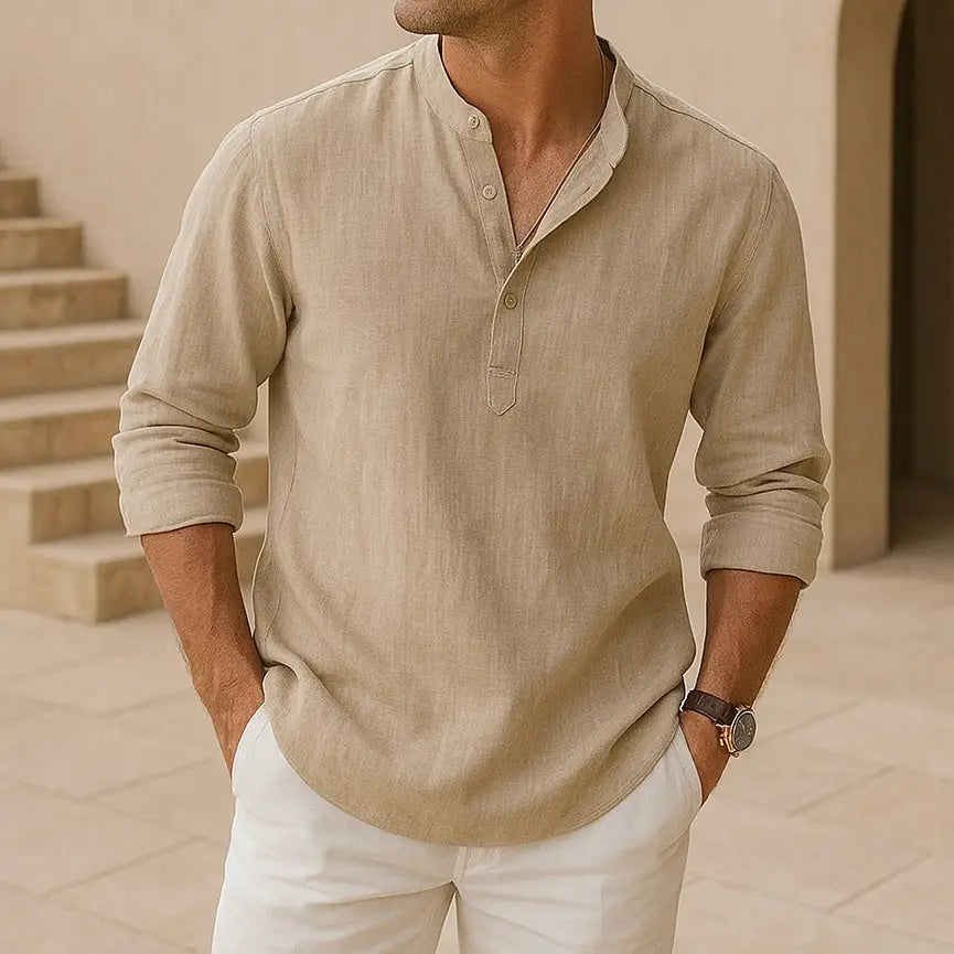 Linen Blend V-Neck Relaxed Shirt for Men - gallery
