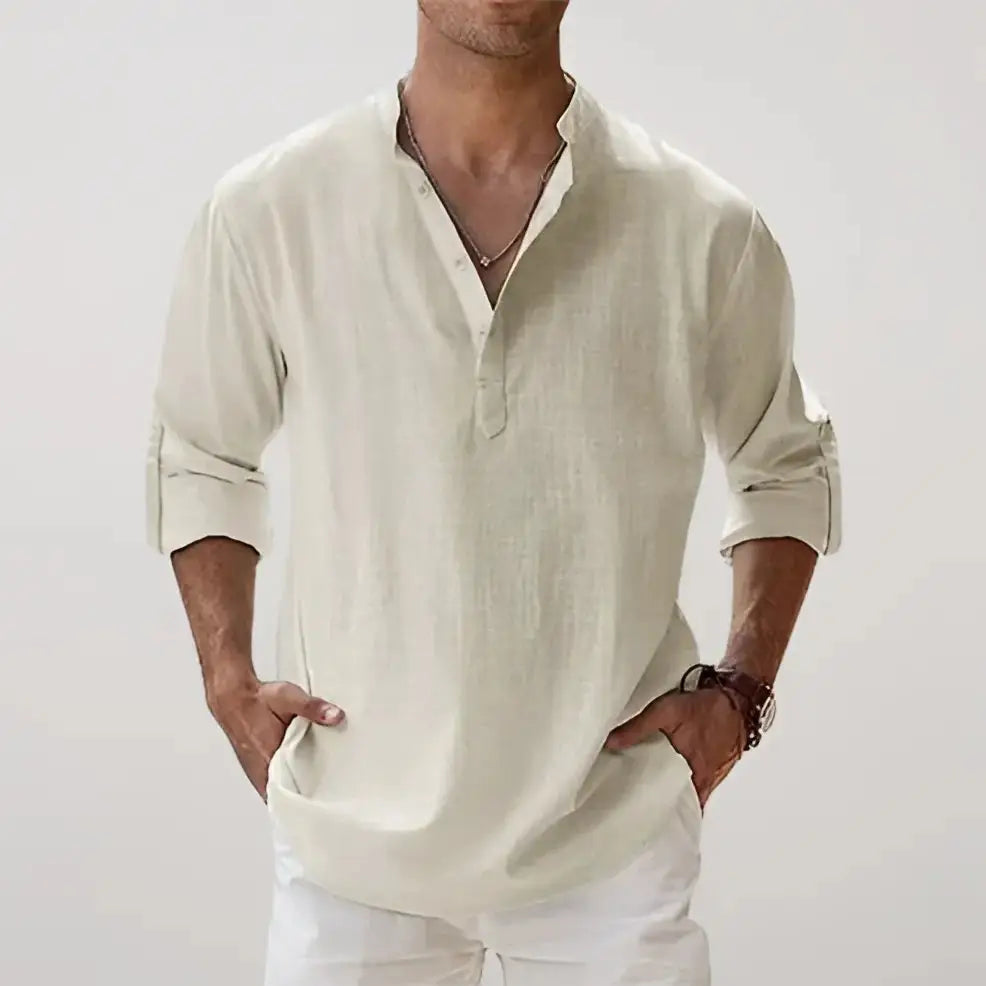 Linen Blend V-Neck Relaxed Shirt for Men - Beige