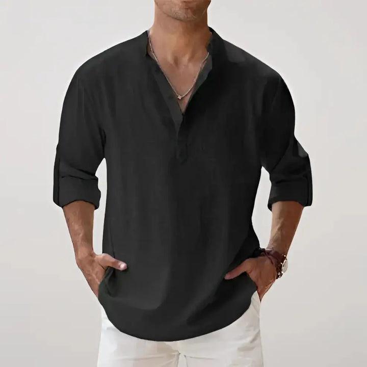 Linen Blend V-Neck Relaxed Shirt for Men - Black