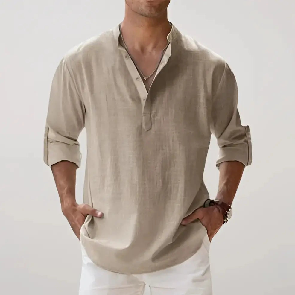 Linen Blend V-Neck Relaxed Shirt for Men