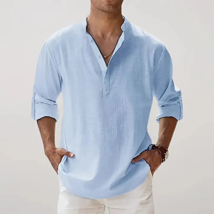 Linen Blend V-Neck Relaxed Shirt for Men - Light Blue