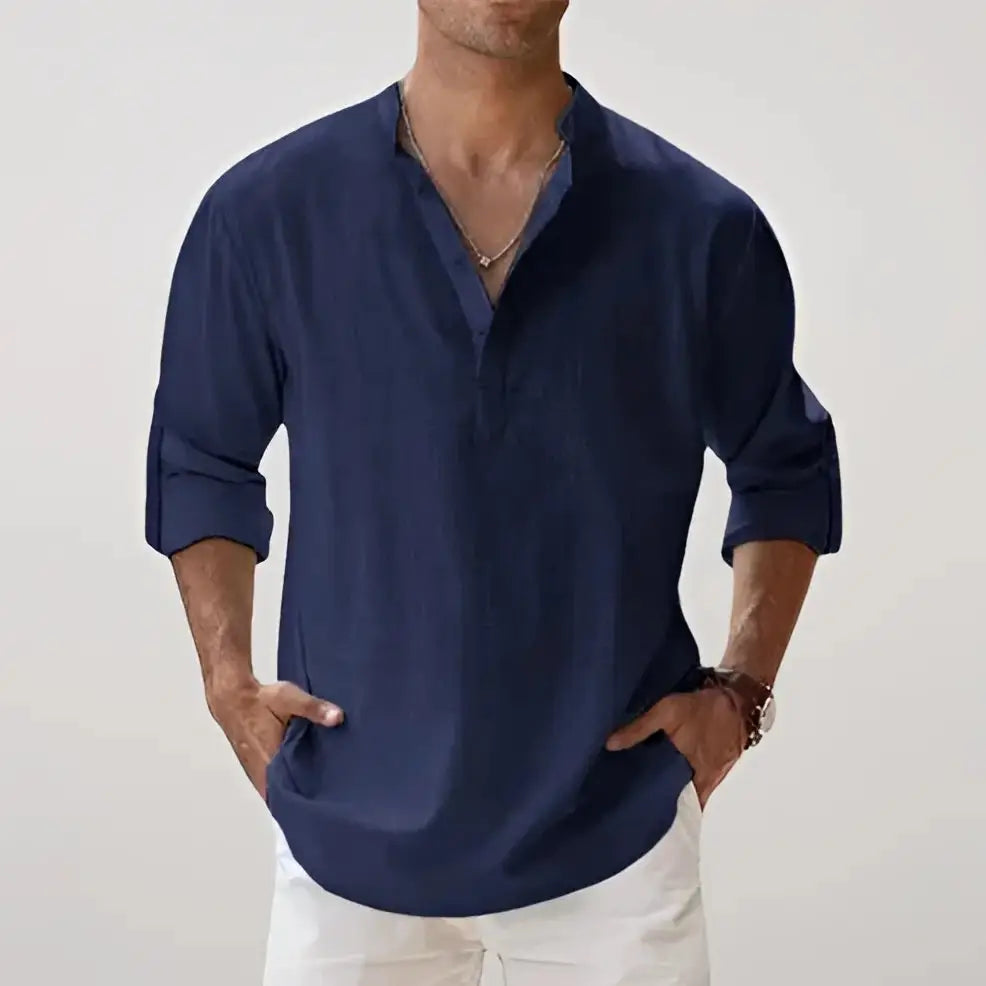 Linen Blend V-Neck Relaxed Shirt for Men - Navy