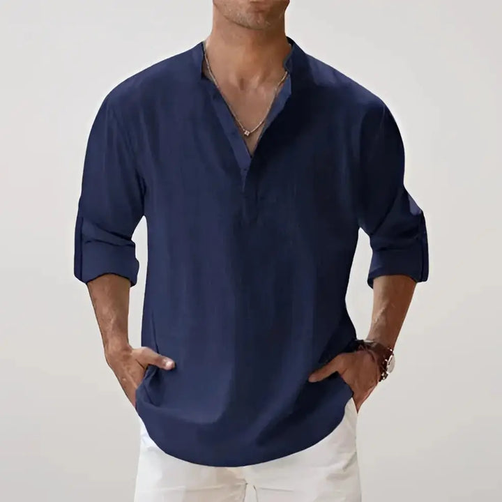 Linen Blend V-Neck Relaxed Shirt for Men - Navy