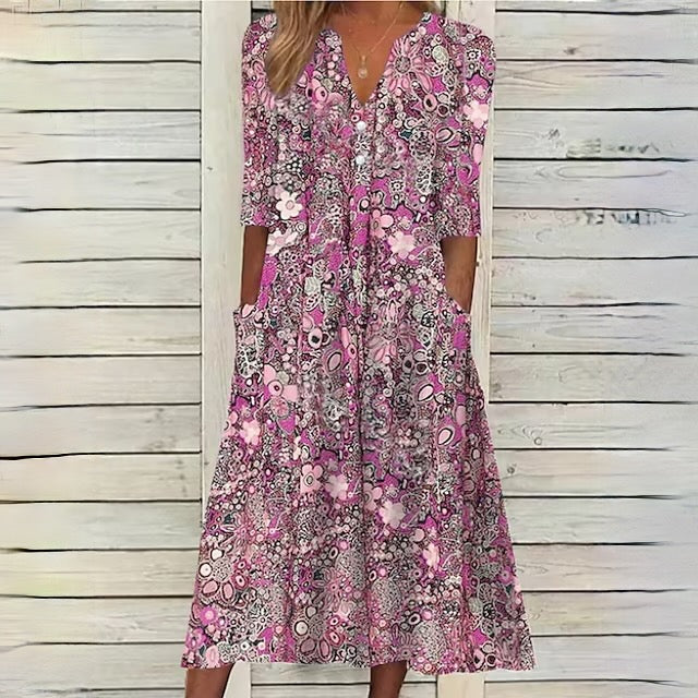 Floral Blossom Print Midi Dress in Warm Beige for Women