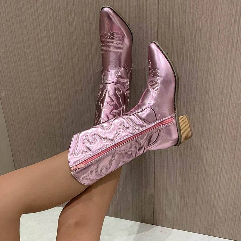 Metallic Cowboy Boots with Block Heel for Women