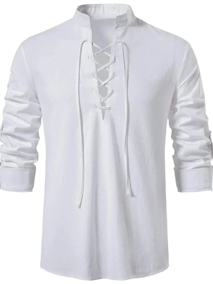 Lace-Up Long Sleeve Cotton Shirt for Men - gallery