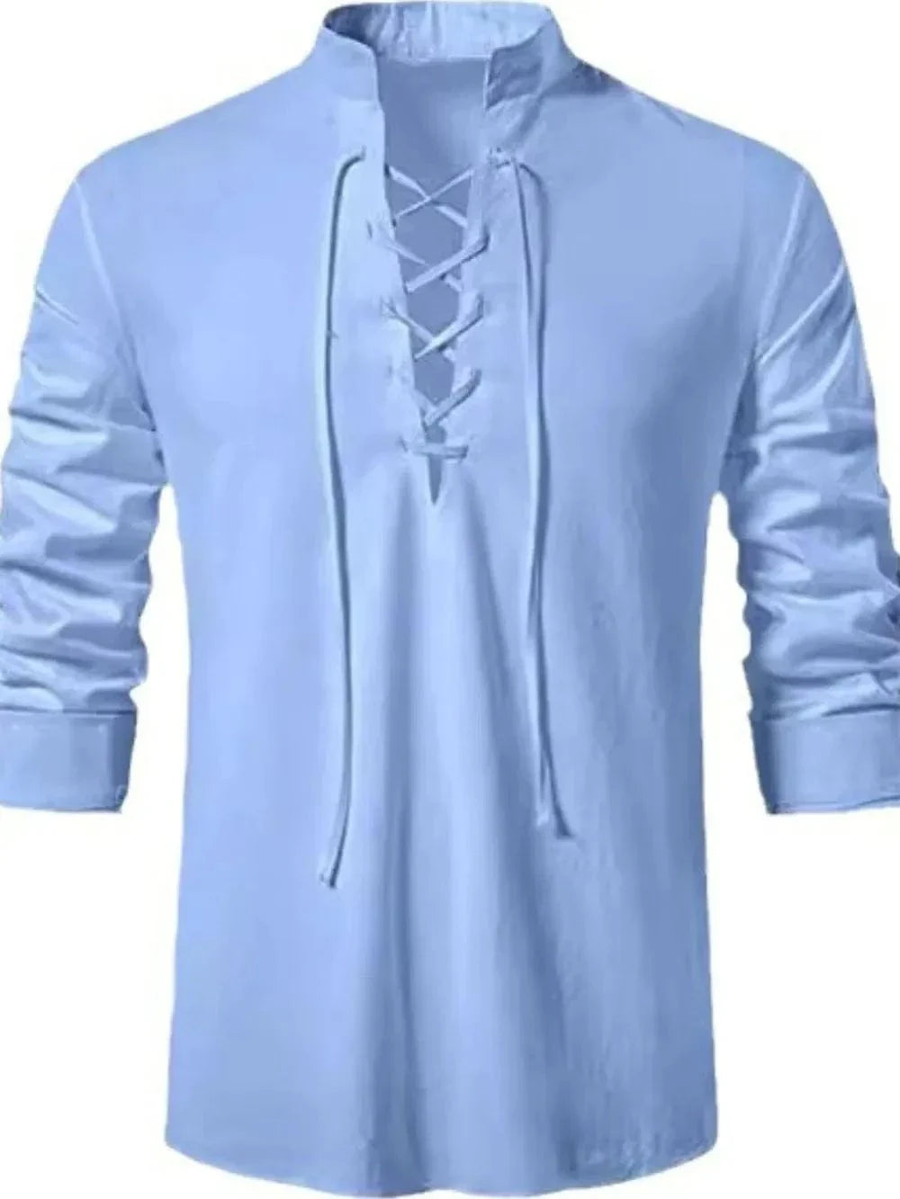 Lace-Up Long Sleeve Cotton Shirt for Men - Light Blue