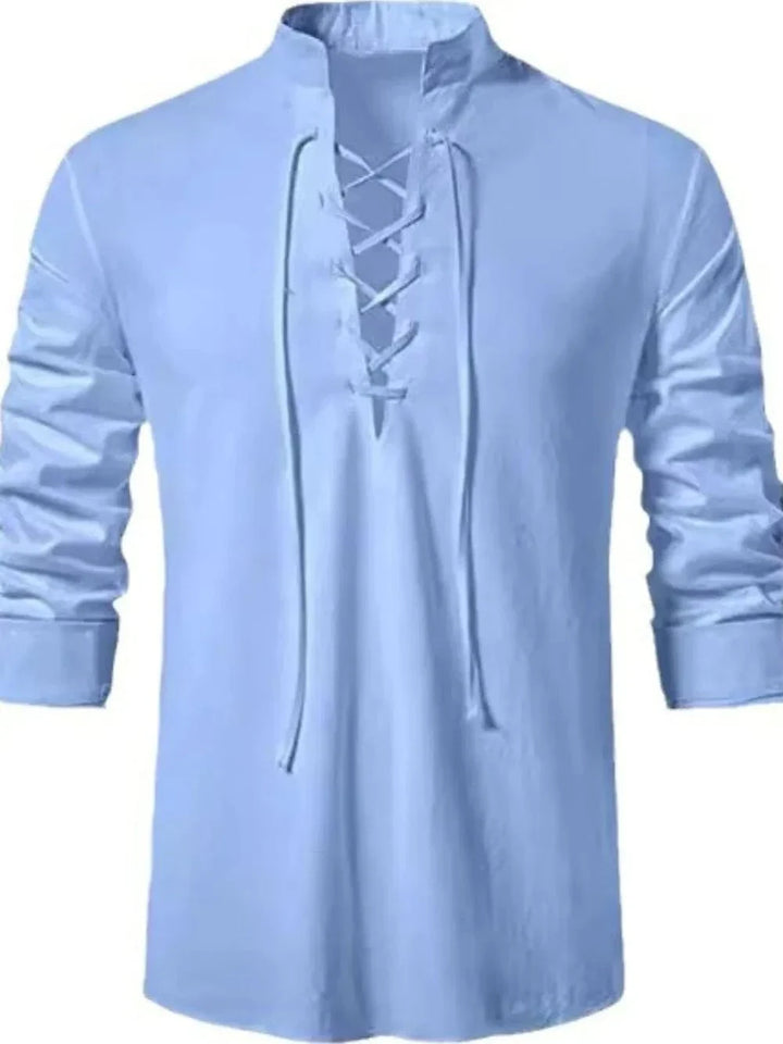 Lace-Up Long Sleeve Cotton Shirt for Men - Light Blue