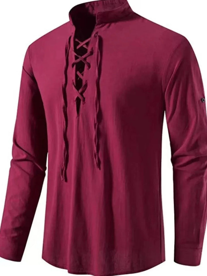 Lace-Up Long Sleeve Cotton Shirt for Men - Burgundy