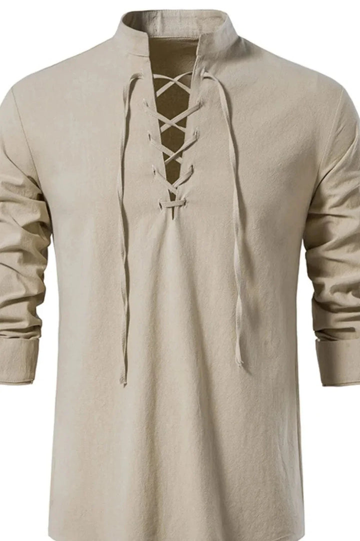 Lace-Up Long Sleeve Cotton Shirt for Men - gallery