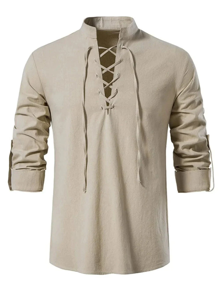 Lace-Up Long Sleeve Cotton Shirt for Men