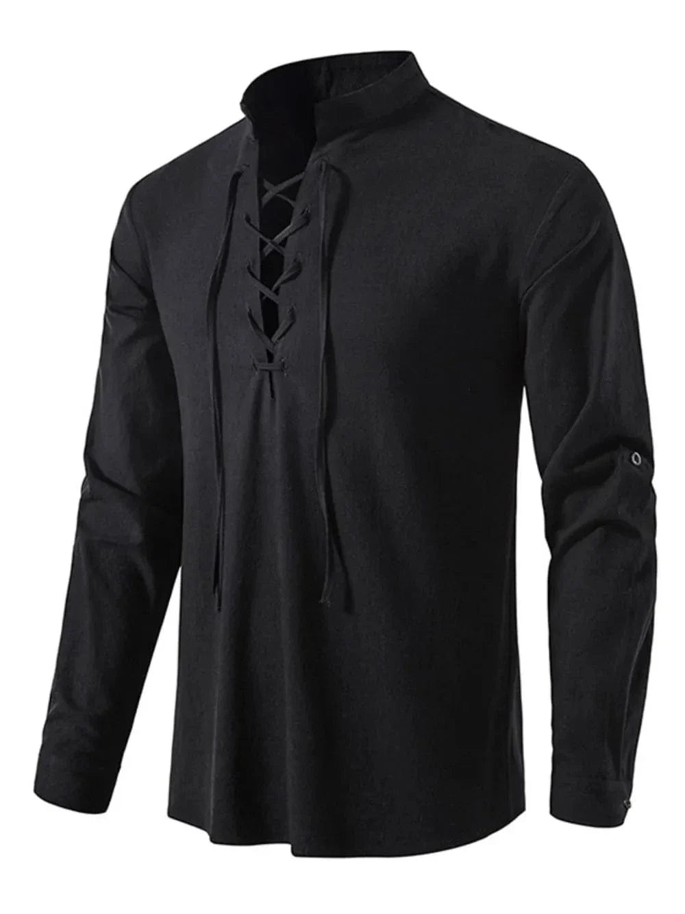 Lace-Up Long Sleeve Cotton Shirt for Men - Black