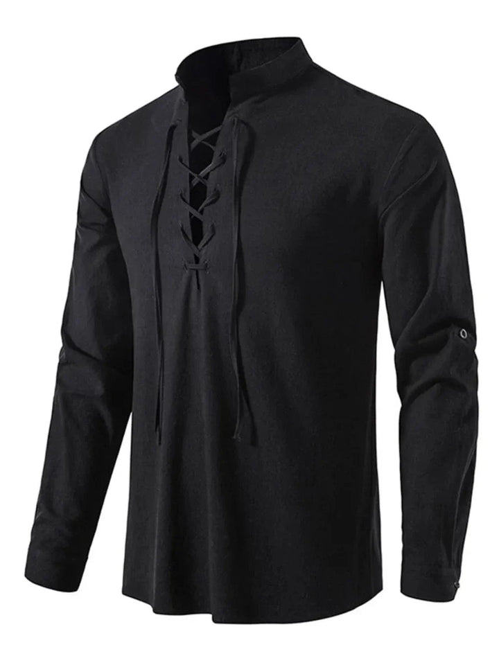 Lace-Up Long Sleeve Cotton Shirt for Men - Black