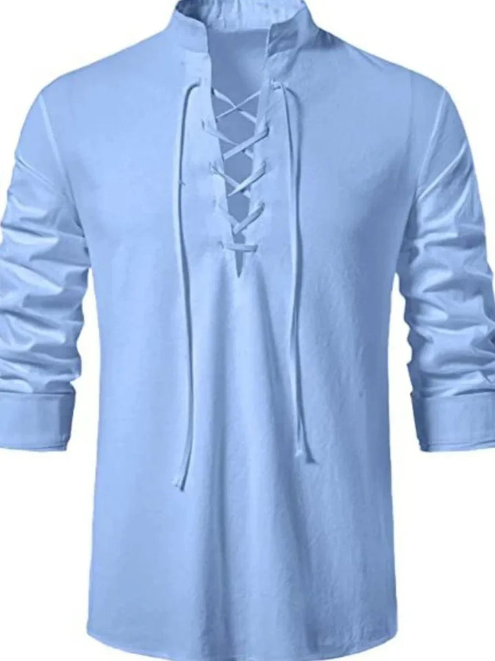 Lace-Up Long Sleeve Cotton Shirt for Men - gallery