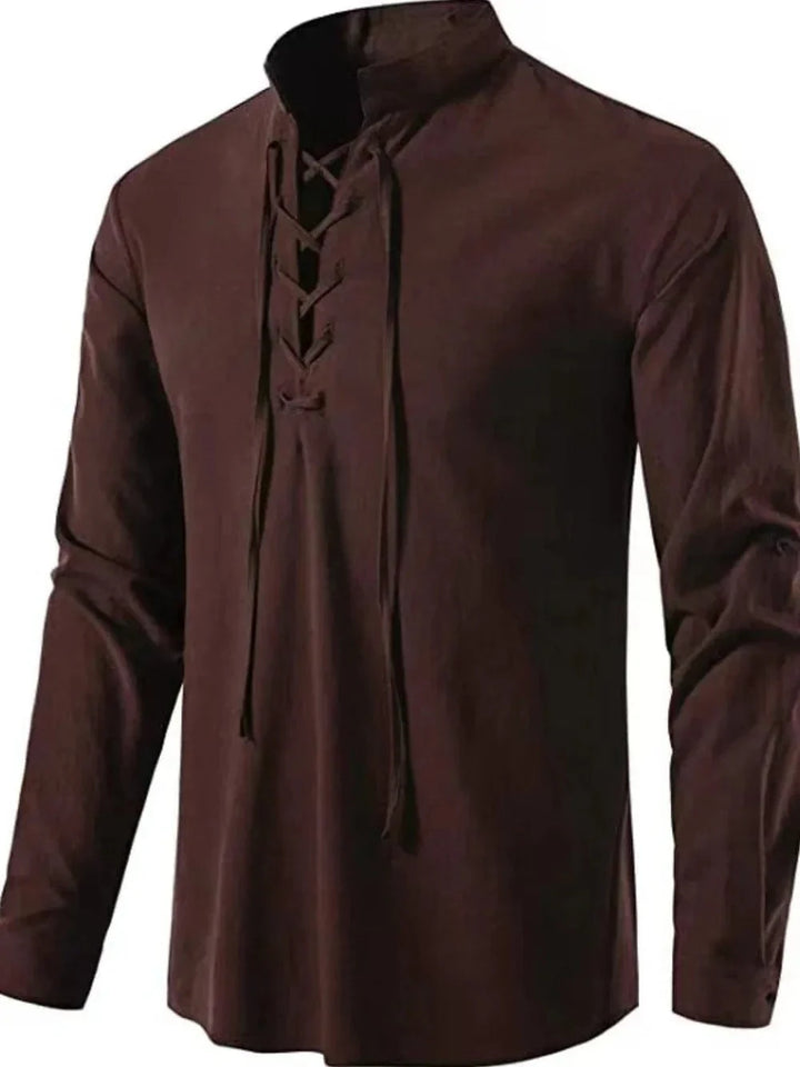 Lace-Up Long Sleeve Cotton Shirt for Men - Coffee Brown