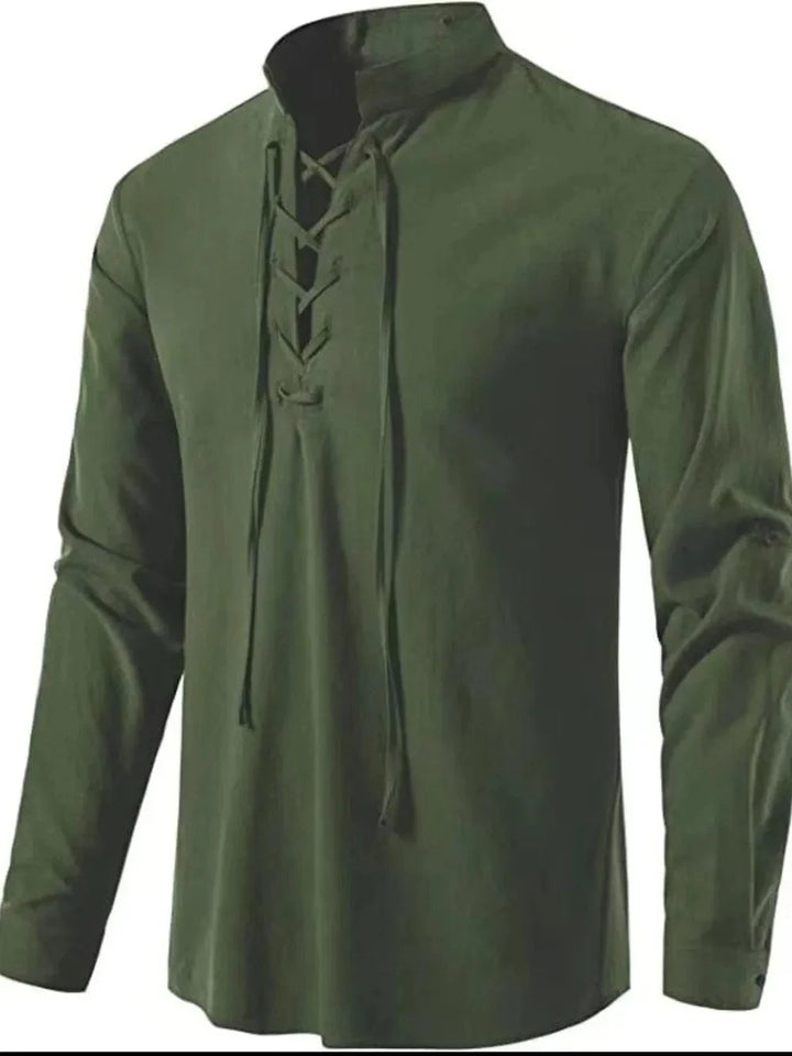 Lace-Up Long Sleeve Cotton Shirt for Men - Army Green