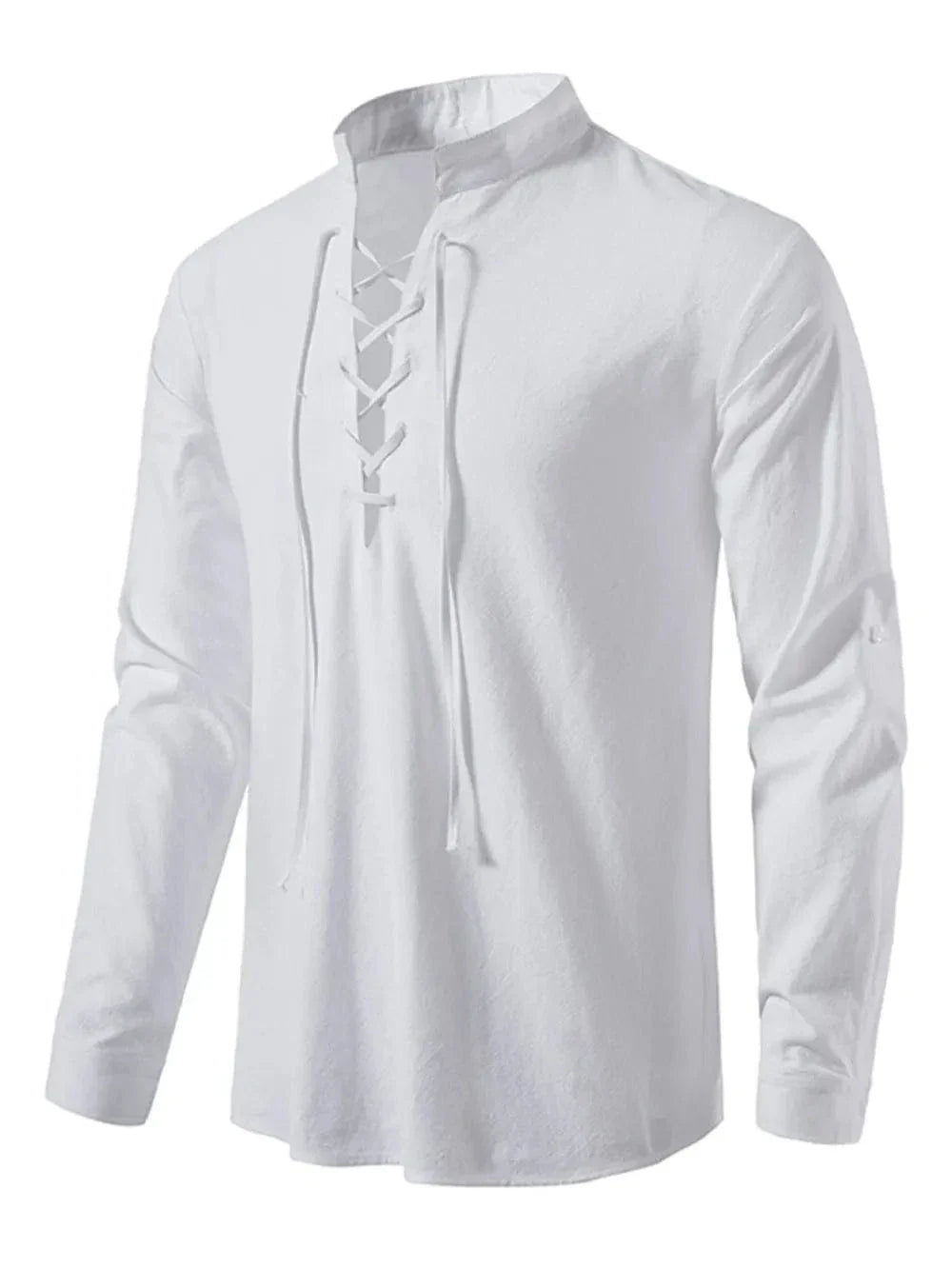 Lace-Up Long Sleeve Cotton Shirt for Men - White